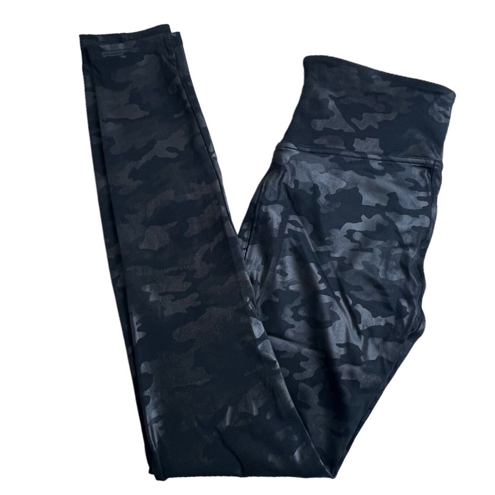 Spanx Womens Matte Black Faux Leather High Rise Camo Full Length Leggings Medium